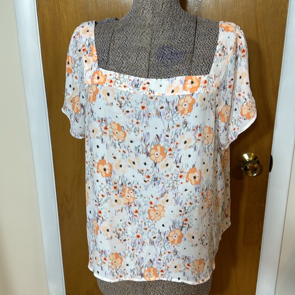 LOFT Outlet Womens XL Square Neck Flutter Sleeve Blouse Orange Floral